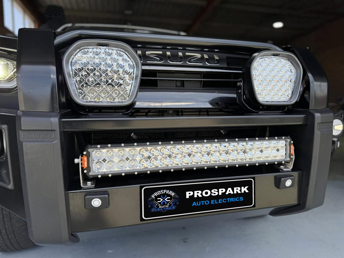 Isuzu D-Max bullbar with twin square driving lights and a STEDI LED light bar