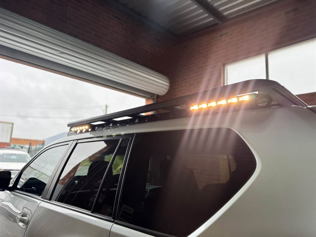 Amber LED lighting on a 4WD roof rack