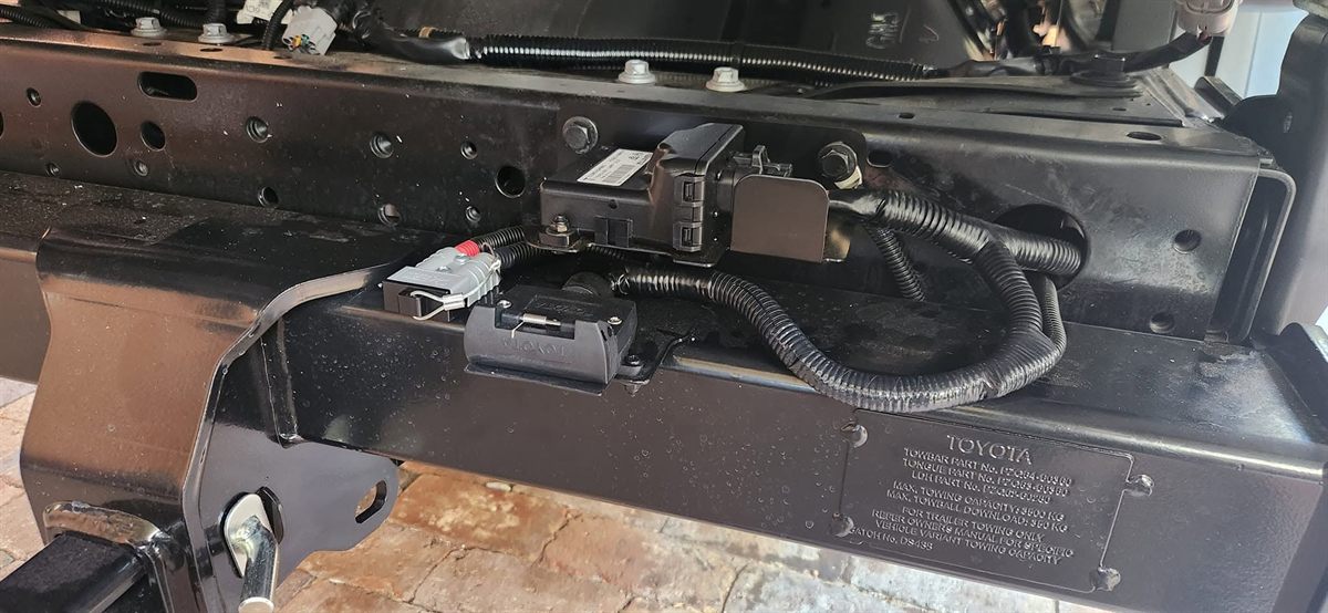 Towbar wiring harness installed on a Toyota towbar